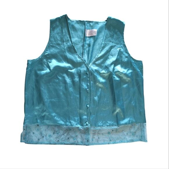VTG 80s Turquoise Satin Sleeveless Top And Shorts Pajama Set Size 1X *Med/ Lrg - Picture 3 of 15